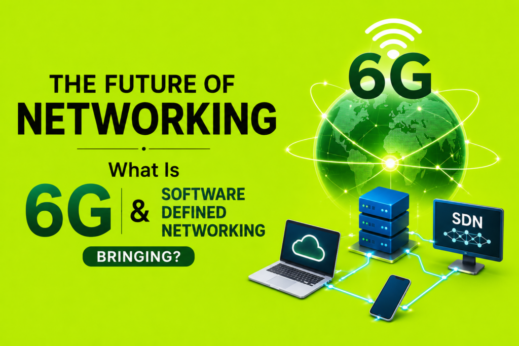 Future of networking illustrated with a 6G wireless globe, software-defined networking (SDN) servers, cloud-connected devices, and high-speed digital connections, showing the next generation of intelligent, software-driven global communication on a lime green background.