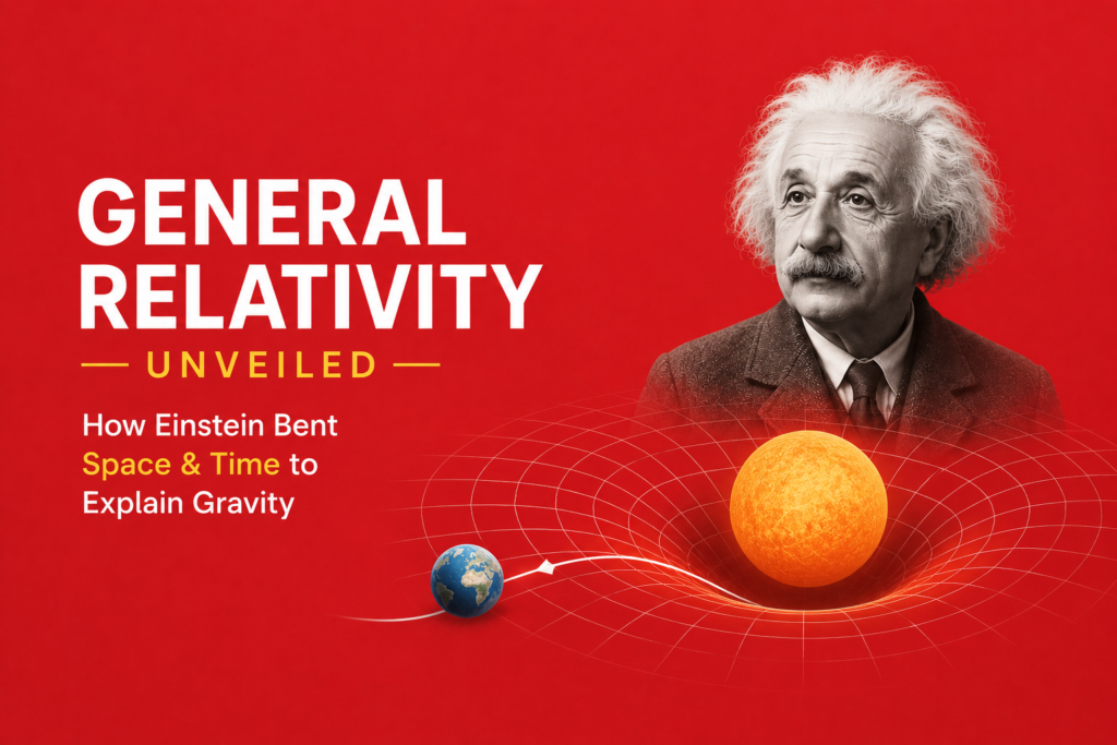 General relativity explained illustrated with Albert Einstein, a curved spacetime grid, the Sun bending space, Earth orbiting through warped spacetime, and gravity visualized as the curvature of space and time on a bold red background.