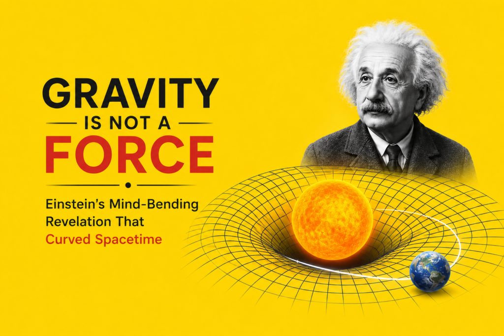 Gravity is not a force illustrated with Albert Einstein, a warped spacetime grid, the Sun curving space, Earth following a curved orbit, and the concept of gravity as the bending of space and time rather than a traditional force on a bright yellow background.