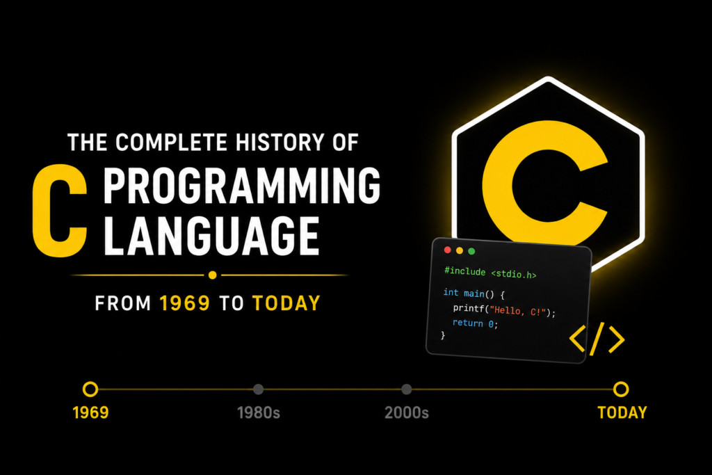 The Complete History of C Programming Language: From 1969 to Today History of C programming illustrated with the iconic C programming language logo, a coding terminal, a timeline from 1969 to today, and source code symbols, representing the evolution of the C programming language and its lasting influence on modern software development on a black background.