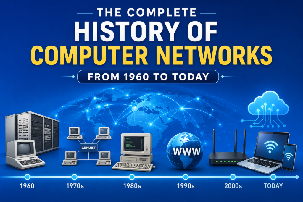 History of computer networks illustrated with a timeline from the 1960s to today, featuring early mainframe computers, ARPANET connections, desktop PCs, the World Wide Web, cloud computing, Wi-Fi router, laptop, smartphone, and a glowing interconnected globe on a blue background.