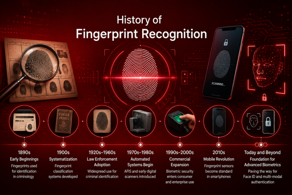 History of Fingerprint Recognition: The Biometric Technology That Preceded Face ID History of fingerprint recognition illustrated with a futuristic red technology theme featuring biometric scanners and digital fingerprint analysis. The design showcases the evolution of fingerprint identification from early forensic methods to modern biometric authentication systems. Digital security elements, fingerprint sensors, and AI-powered identity verification highlight the advancement of biometric technology. The artwork represents how fingerprint recognition laid the foundation for today's Face ID and advanced security systems. Ideal for articles about the history of fingerprint recognition and biometric technology.