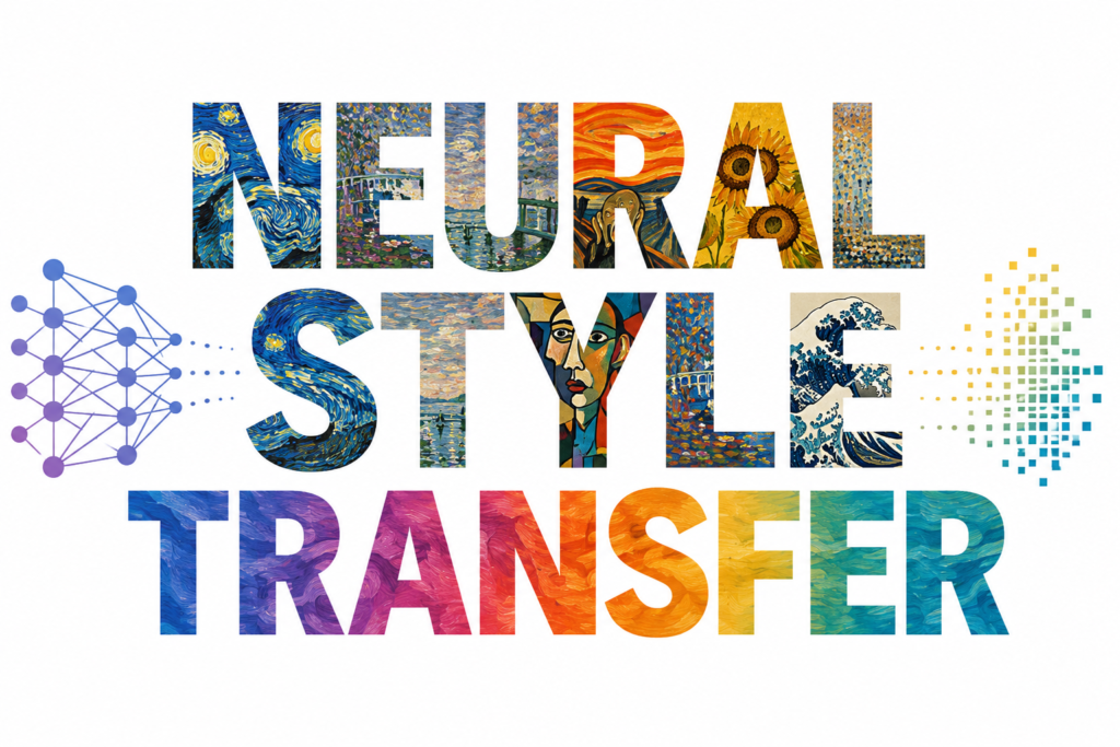 History of Neural Style Transfer: How AI Learned to Paint Like Famous Artists History of neural style transfer illustrated with bold artistic typography on a clean white background. The colorful text blends classic painting styles with modern AI-inspired digital effects. Neural network graphics and pixel transformation elements symbolize the evolution of AI-powered artistic image generation. The minimalist design highlights the journey of neural style transfer from deep learning research to creative applications. Ideal for articles about the history of neural style transfer and AI art technology.