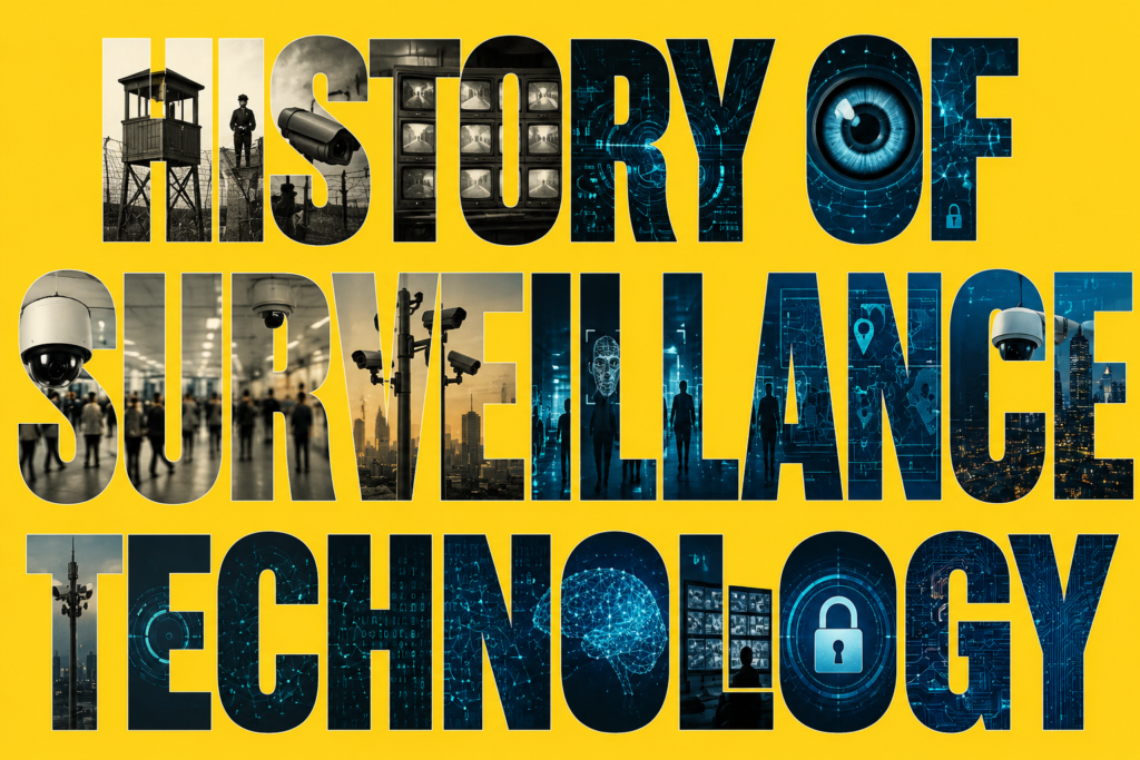 History of Surveillance Technology: How Computer Vision Changed Security Forever History of surveillance technology illustrated with bold typography on a vibrant yellow background featuring classic and modern security systems. The design includes CCTV cameras, monitoring screens, facial recognition graphics, and AI-powered surveillance elements. It represents the evolution of surveillance technology from traditional security cameras to intelligent computer vision systems. The futuristic artwork highlights advancements in public safety, monitoring, and automated threat detection. Ideal for articles about the history of surveillance technology and AI-driven security innovations.