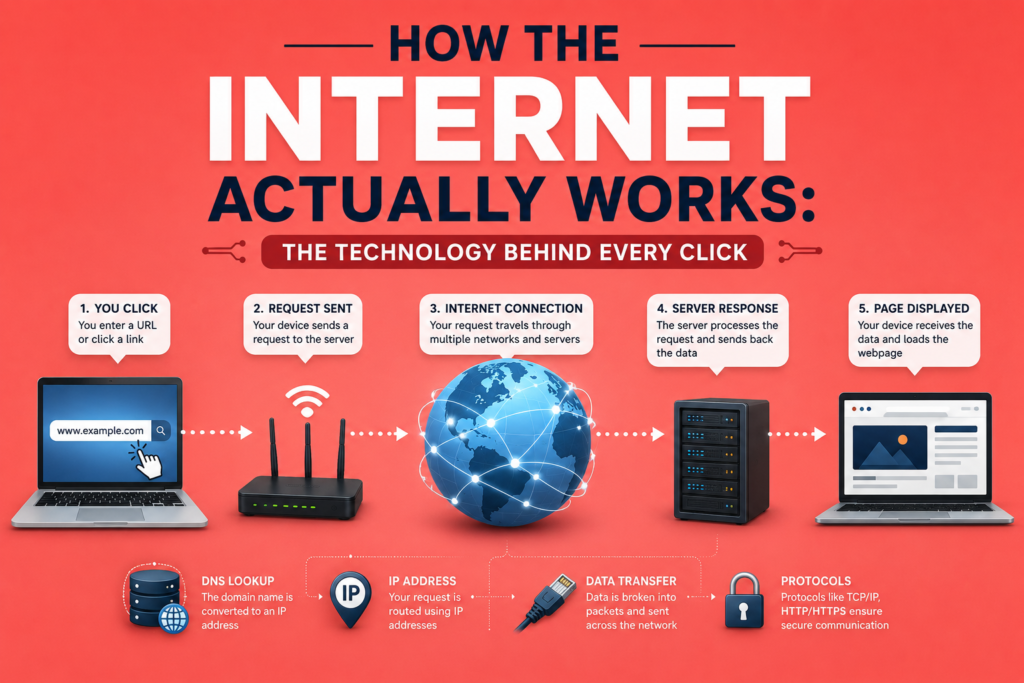 How the Internet works illustrated with a laptop, Wi-Fi router, connected globe, data center servers, and a webpage linked by data flow arrows, showing how information travels across the internet from user request to website response on a light red background.
