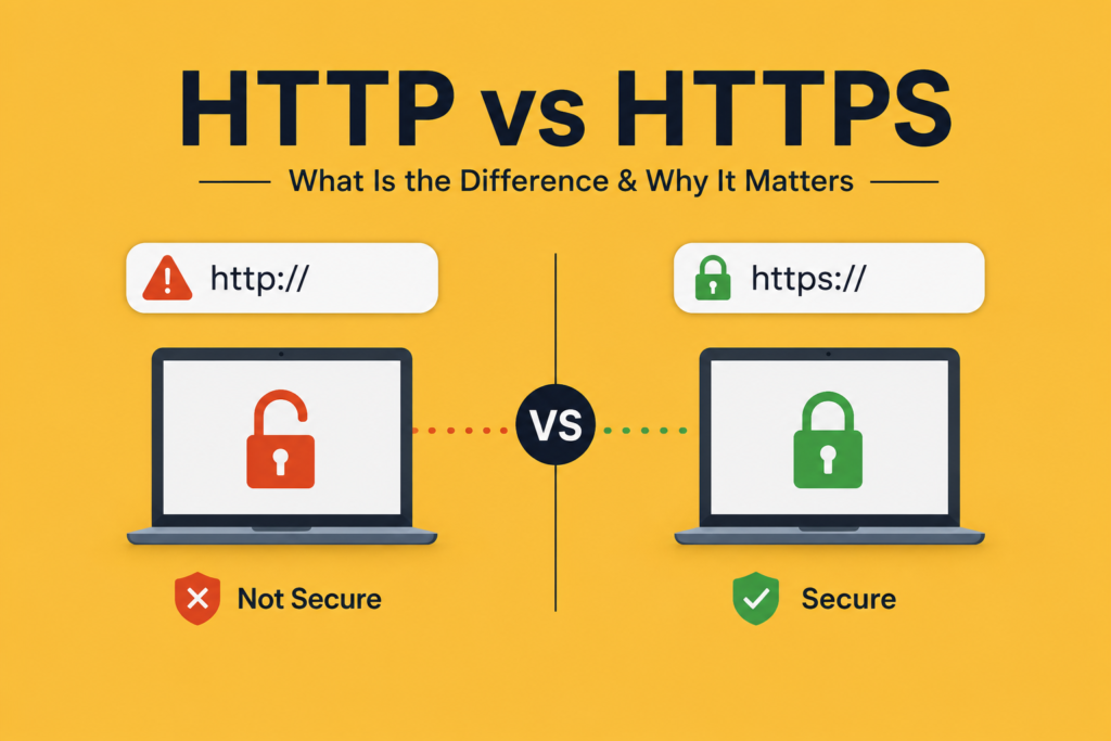 HTTP vs HTTPS: What Is the Difference & Why It Matters HTTP vs HTTPS illustrated with two web browsers comparing unsecured HTTP and encrypted HTTPS connections, featuring padlock icons, URL bars, and secure data transmission symbols on a golden background, highlighting the difference between insecure and secure web communication.