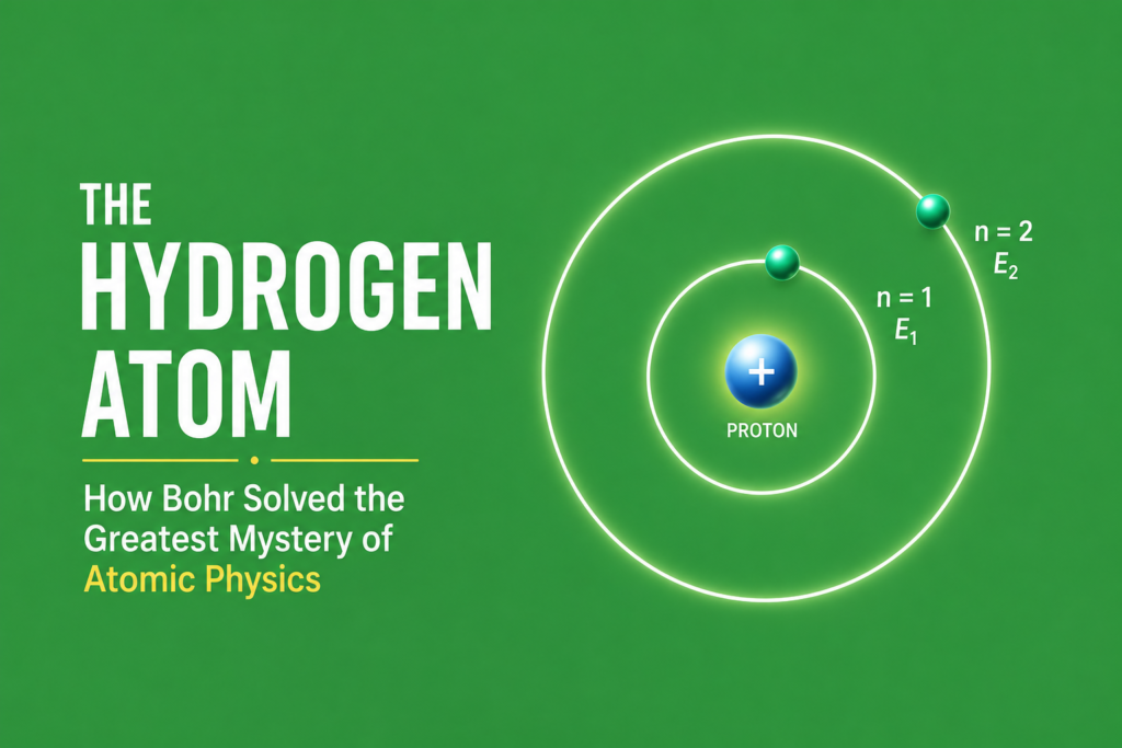 The Hydrogen Atom: How Bohr Solved the Greatest Mystery of Atomic Physics Hydrogen atom illustrated with the Bohr model showing a single proton at the nucleus and one electron orbiting in its lowest energy level, highlighting the simplest atom and Bohr's breakthrough in explaining atomic structure on a green background.