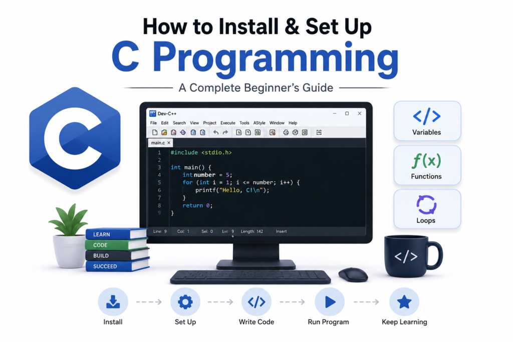 Install C programming illustrated with the C programming language logo, a computer displaying a C code editor, installation and settings icons, and development tools, representing the process of installing and setting up a C programming environment for beginners on a clean white background.