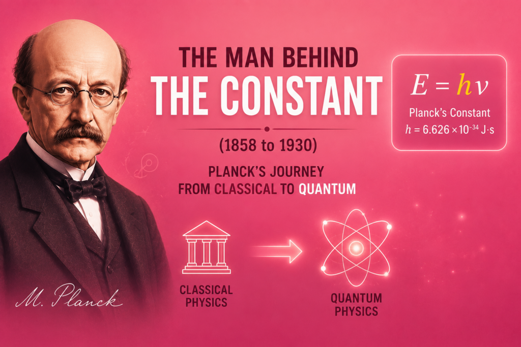 The Man Behind the Constant (1858 to 1930): Planck's Journey from Classical to Quantum Max Planck journey illustration featuring Max Planck with a transition from classical physics to quantum mechanics, the equation E = hf, glowing atomic model, and a clean pink scientific background symbolizing his revolutionary journey from 1858 to 1930.