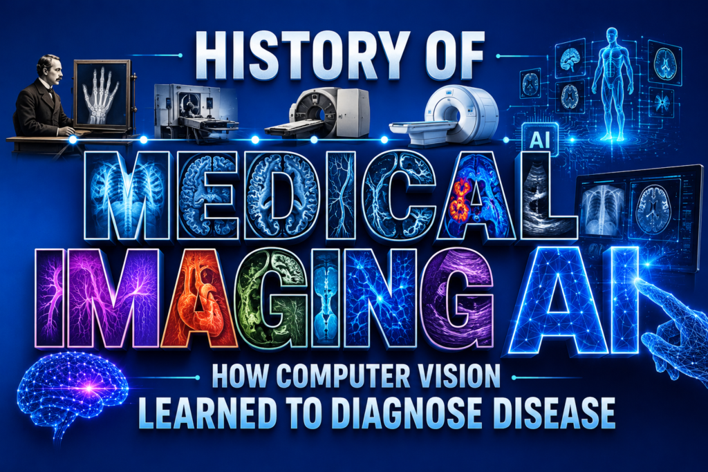 History of Medical Imaging AI: How Computer Vision Learned to Diagnose Disease Medical imaging AI illustrated with advanced diagnostic technology on a vibrant blue background. The design features brain scans, X-rays, MRI machines, CT imaging, and AI-powered neural networks surrounding bold typography. It represents how computer vision helps detect diseases through medical image analysis and deep learning. The futuristic artwork highlights the evolution of AI-assisted healthcare and diagnostic imaging. Perfect for articles about the history, development, and impact of medical imaging AI.