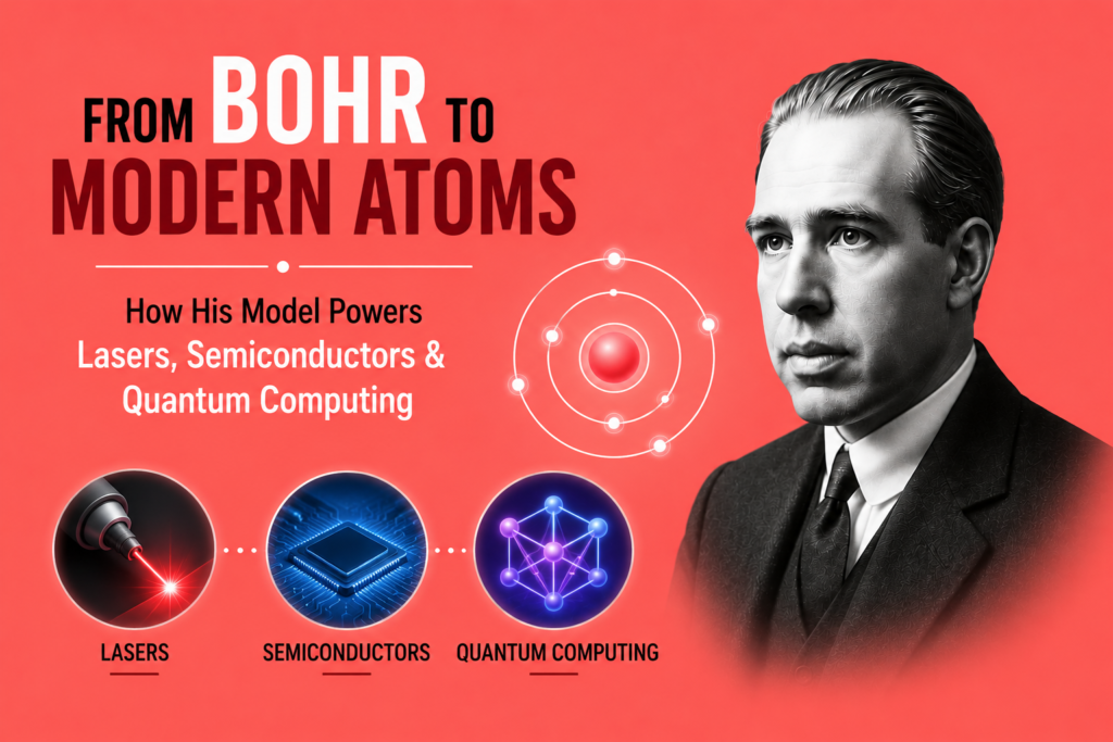 Modern quantum technology illustrated with a stylized atom connected to a laser beam, semiconductor microchip, and quantum computing network, symbolizing how Niels Bohr's atomic model laid the foundation for today's quantum technologies, on a light red background.