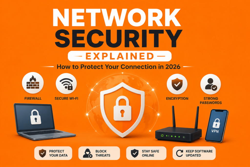 Network Security Explained: How to Protect Your Connection in 2026 Network security explained illustrated with a shield, padlock, firewall, Wi-Fi router, laptop, smartphone, and encrypted network connections, showing how firewalls, encryption, strong passwords, and secure networks protect data and internet connections on an orange background.
