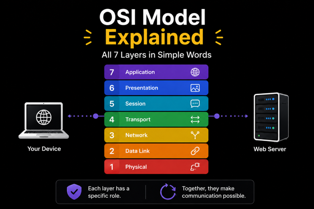 OSI Model Explained: All 7 Layers in Simple Words OSI model explained illustrated with the seven OSI layers stacked from Physical to Application, connected between a user device and a web server, showing how data travels through each networking layer on a black background.