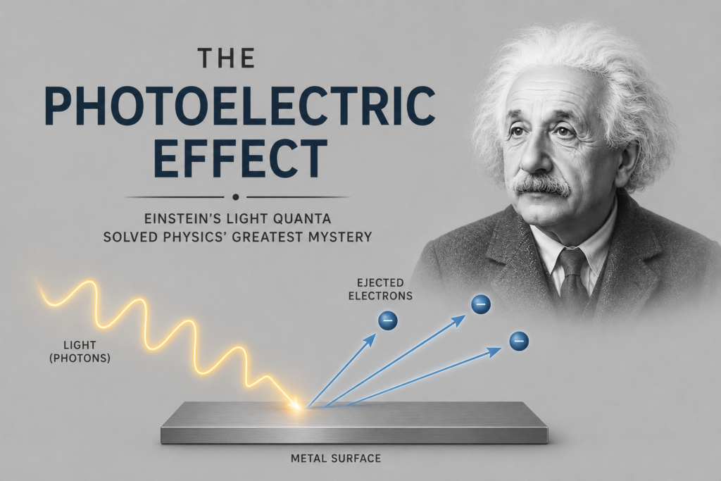 The Photoelectric Effect: How Einstein's Light Quanta Solved Physics' Greatest Mystery Photoelectric effect explained illustrated with Albert Einstein, light photons striking a metal surface, electrons being emitted, and glowing light waves, demonstrating how Einstein's light quantum theory explained the photoelectric effect on a clean grey background.