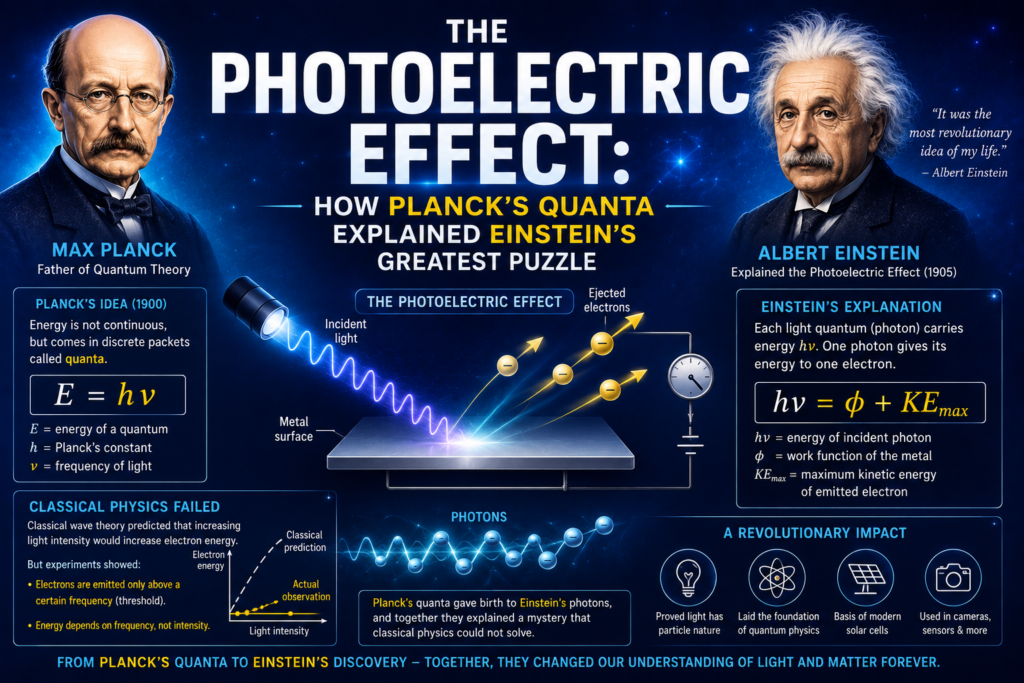 The Photoelectric Effect: How Planck's Quanta Explained Einstein's Greatest Puzzle Photoelectric effect explained illustration featuring Max Planck and Albert Einstein, photons striking a metal surface to eject electrons, the equation E = hf, glowing light waves, and a deep blue scientific background representing the quantum explanation of the photoelectric effect.
