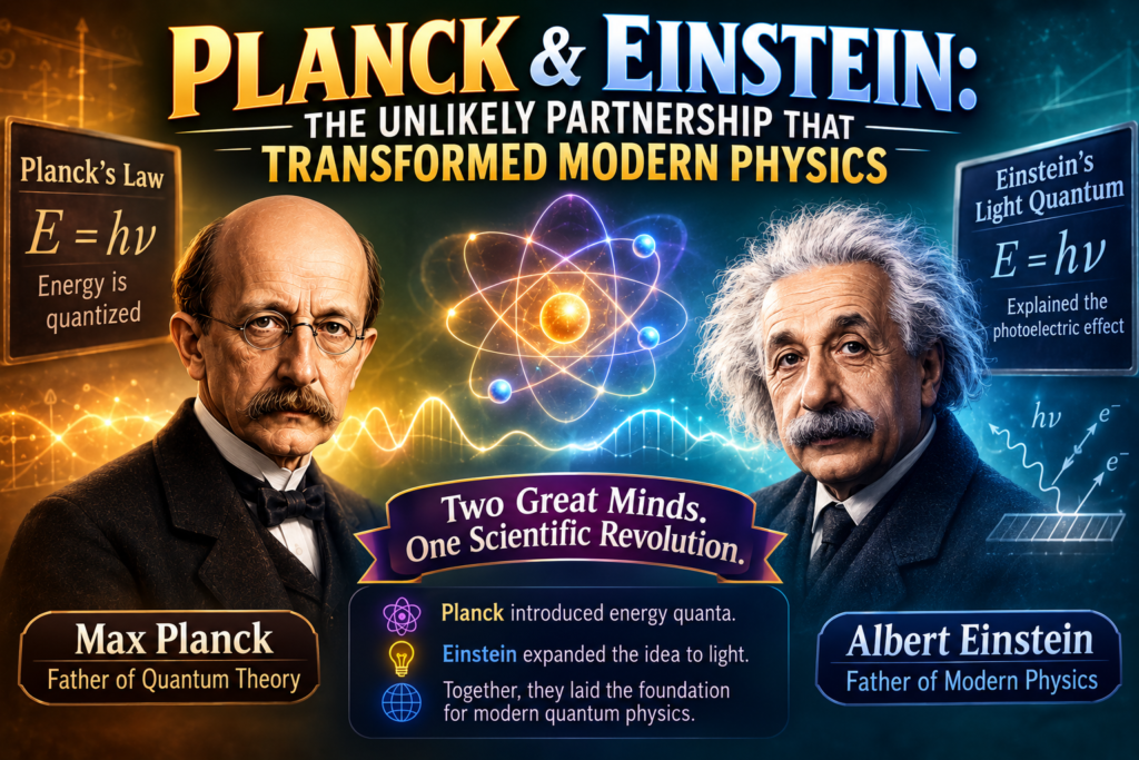 Planck & Einstein: The Unlikely Partnership That Transformed Modern Physics Planck and Einstein illustration featuring Max Planck and Albert Einstein side by side with glowing quantum waves, atomic model, the equation E = hf, light particles, and a teal-to-amber gradient background symbolizing their combined contributions to the birth of modern quantum physics.