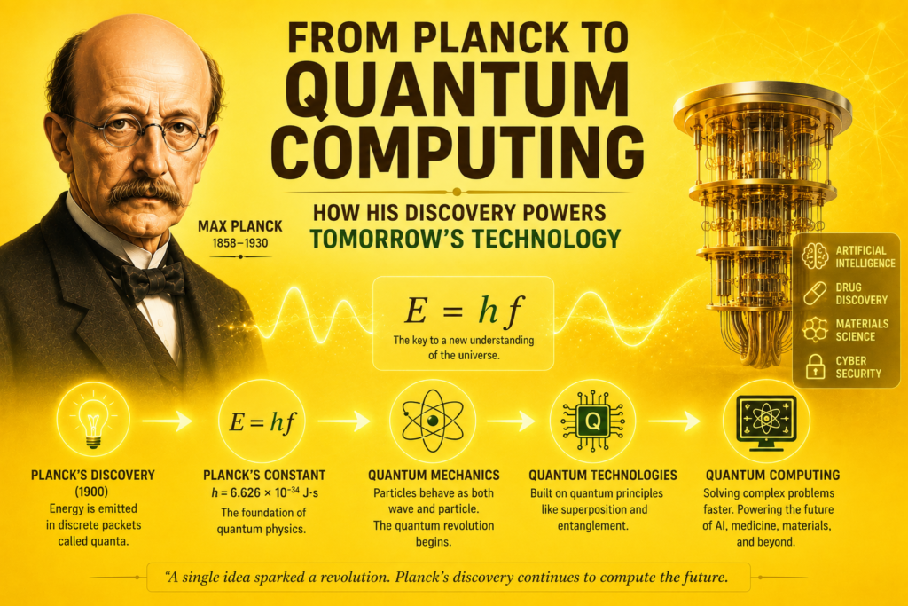 From Planck to Quantum Computing: How His Discovery Powers Tomorrow's Technology Planck and quantum computing illustration featuring Max Planck, glowing quantum processor, atomic model, the equation E = hf, digital circuits, and a bright yellow scientific background symbolizing how Planck's quantum discovery laid the foundation for modern quantum computing and future technologies.