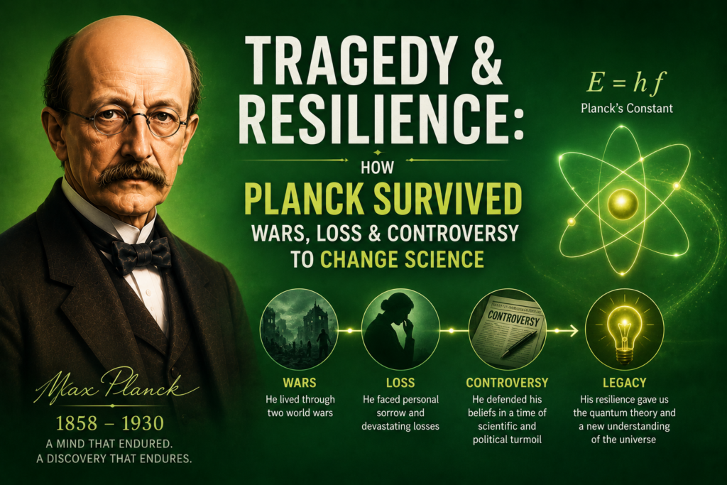 Tragedy & Resilience: How Planck Survived Wars, Loss & Controversy to Change Science Planck during World Wars illustration featuring Max Planck against a deep green background with subtle wartime silhouettes, glowing atomic symbol, the equation E = hf, and scientific elements symbolizing his resilience through war, personal loss, and his lasting contributions to quantum physics.