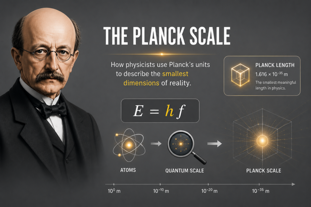 The Planck Scale: How Physicists Use Planck's Units to Describe the Smallest Dimensions of Reality Planck scale illustration featuring Max Planck, a glowing quantum grid, atomic model, the equation E = hf, and a gray scientific background symbolizing the smallest measurable dimensions of reality and the fundamental scale used in modern physics.