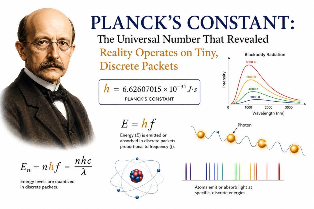 Planck's constant illustration featuring Max Planck, the equation E = hf, blackbody radiation curves, photon energy packets, atomic model, and light spectrum on a clean white background, representing the quantum nature of energy and the foundation of modern quantum physics.