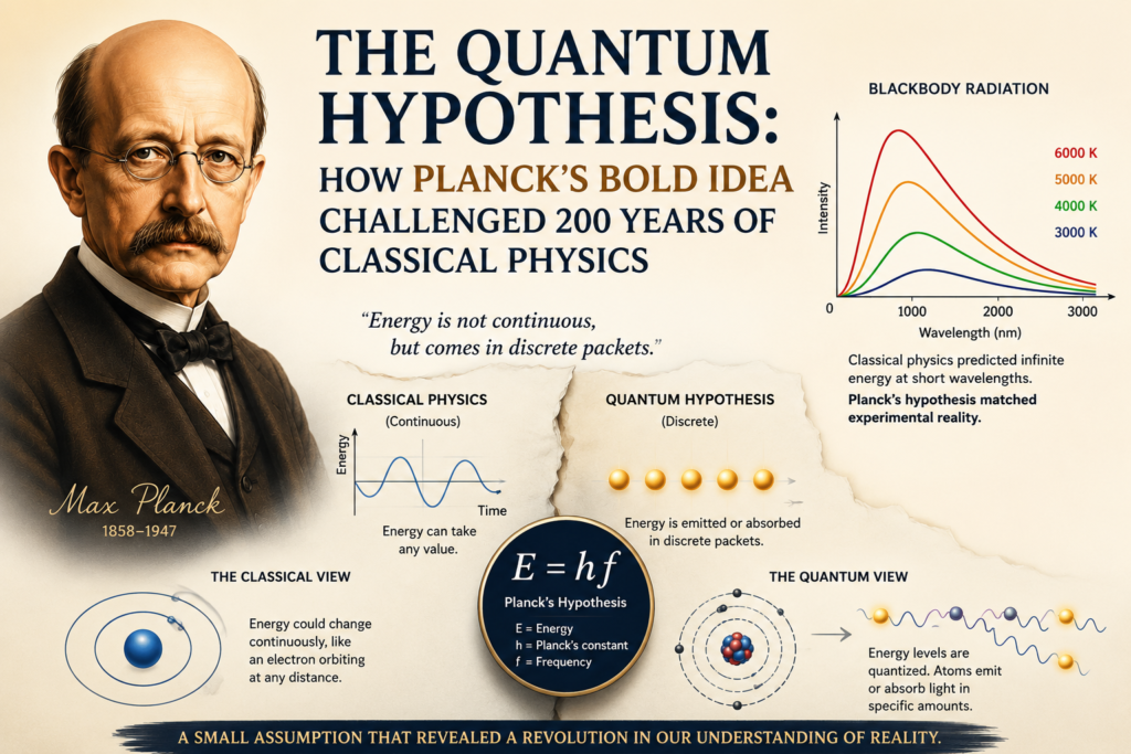 The Quantum Hypothesis: How Planck's Bold Idea Challenged 200 Years of Classical Physics Quantum hypothesis illustration showing Max Planck comparing classical physics with quantized energy, featuring the equation E = hf, blackbody radiation graph, photon energy packets, atomic model, and a warm cream background representing the birth of quantum theory.