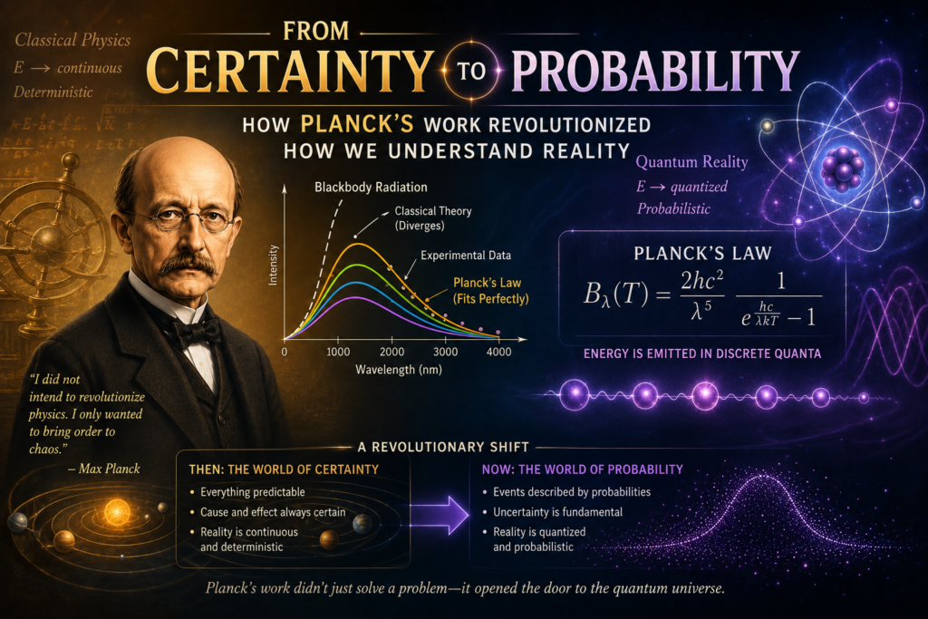 From Certainty to Probability: How Planck's Work Revolutionized How We Understand Reality Quantum probability illustration featuring Max Planck, glowing wave functions, quantum particles, atomic orbitals, probability waves, and a gold-to-deep-violet gradient background symbolizing the shift from deterministic classical physics to the probabilistic nature of quantum mechanics.