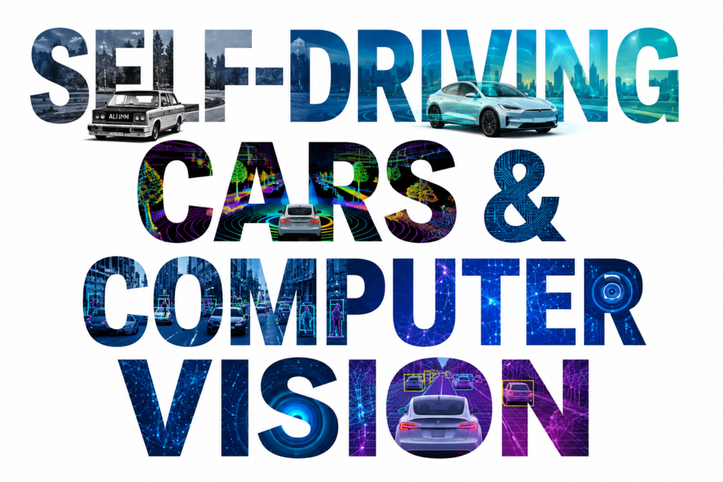 History of Self-Driving Cars and Computer Vision: From ALVINN to Tesla Autopilot Self-driving cars and computer vision represented through bold typography on a clean white background with AI-inspired graphics. The colorful design combines autonomous vehicles, LiDAR scans, neural networks, and digital road mapping inside the text. It illustrates the evolution of computer vision technology that enables modern self-driving cars to perceive and navigate their surroundings. The minimalist artwork highlights the connection between artificial intelligence, machine learning, and autonomous driving. Perfect for content about the history and future of self-driving cars and computer vision.