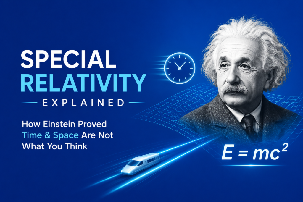 Special Relativity Explained: How Einstein Proved Time & Space Are Not What You Think Special relativity explained illustrated with Albert Einstein, a glowing clock, warped spacetime grid, the equation E=mc², and a high-speed train, showing how motion at the speed of light changes time, space, and energy on a blue background.