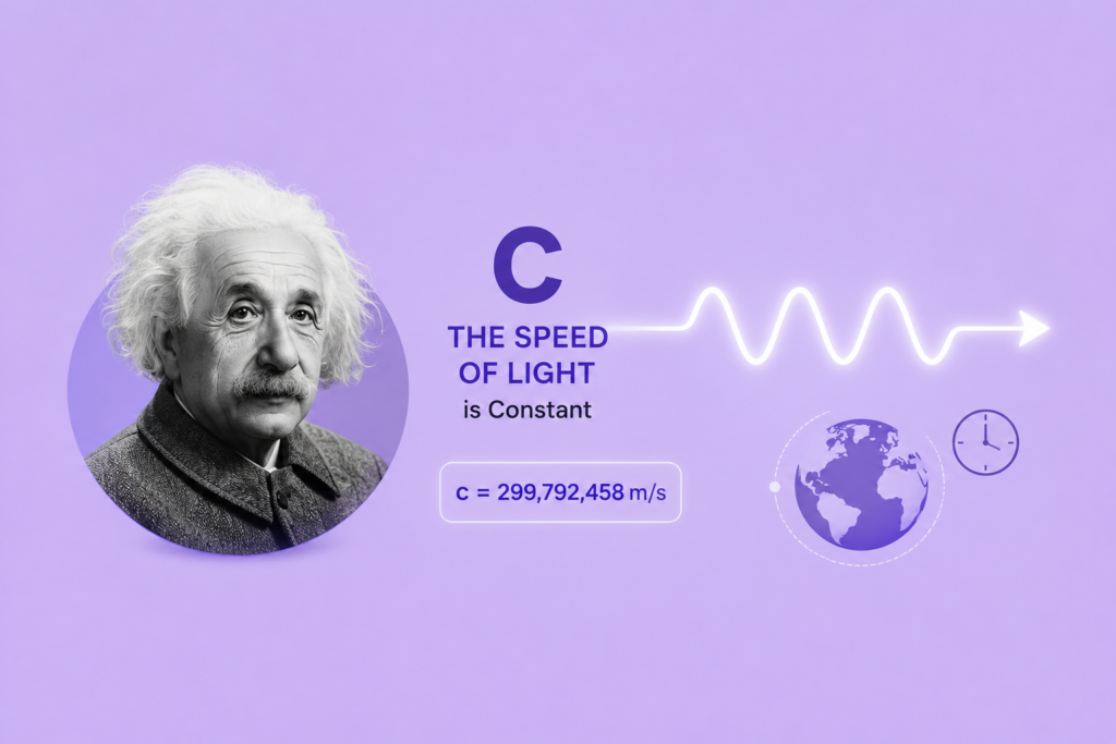 Speed of light is constant illustrated with Albert Einstein, a glowing beam of light traveling through space, clocks, Earth, and spacetime graphics, showing the constant speed of light as the foundation of special relativity on a light purple background.