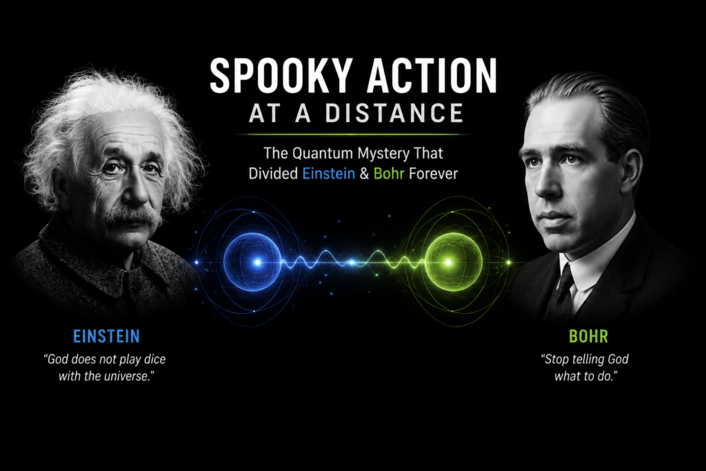 Spooky Action at a Distance: The Quantum Mystery That Divided Einstein & Bohr Forever Spooky action at a distance illustrated with two entangled quantum particles glowing and connected across space, alongside portraits of Albert Einstein and Niels Bohr, symbolizing the famous debate over quantum entanglement and nonlocality on a black background.