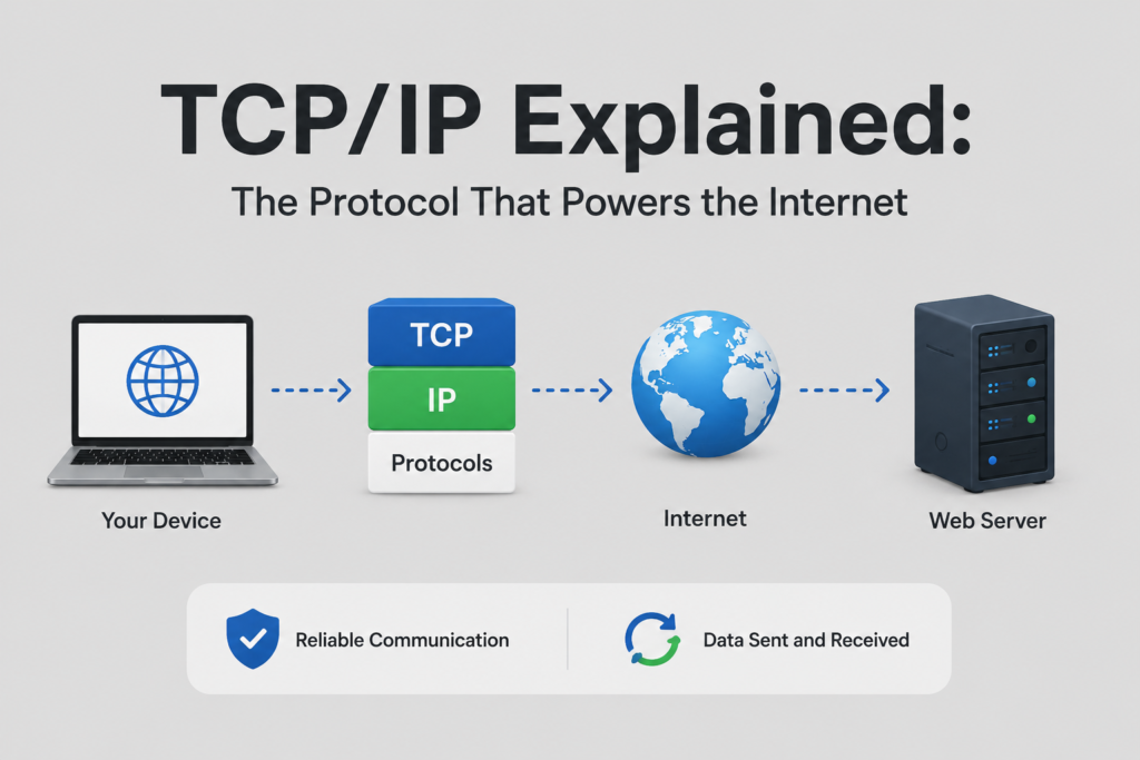 TCP/IP explained illustrated with a laptop, TCP/IP protocol layers, connected globe, and web server linked by data flow arrows, showing how TCP/IP enables reliable communication and data transfer across the internet on a light grey background.