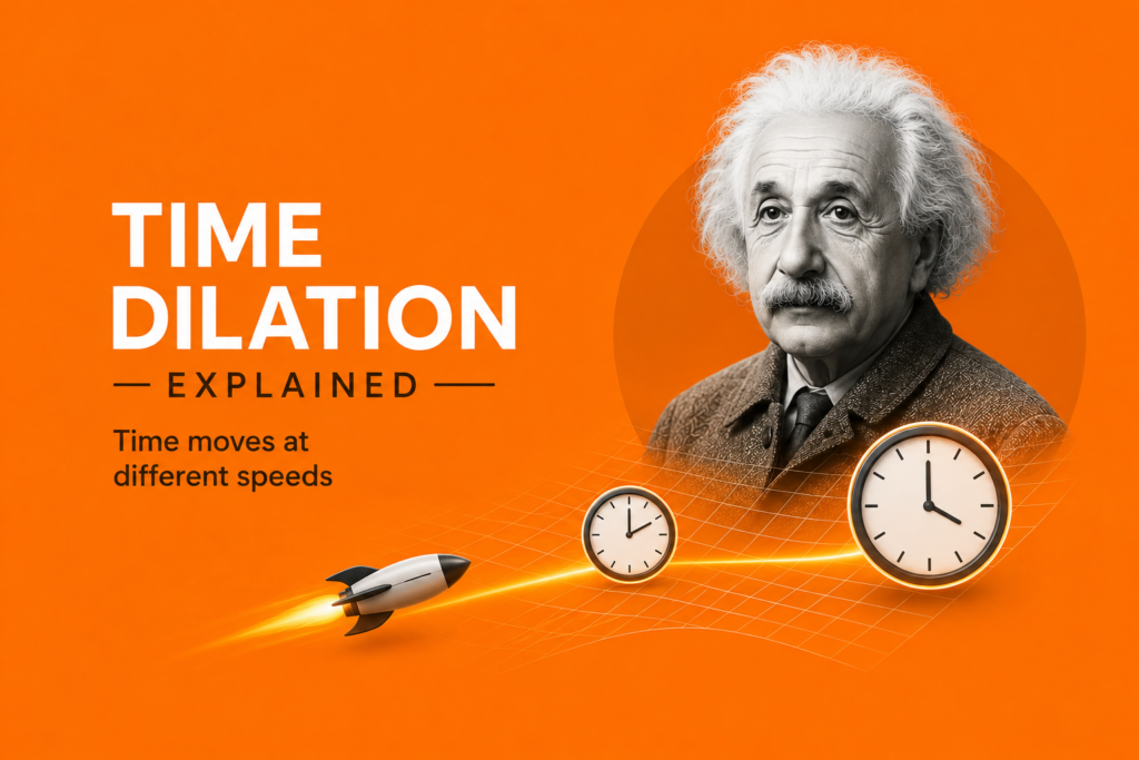 Time dilation explained illustrated with Albert Einstein, two clocks showing different times, a high-speed rocket, and a curved spacetime grid, demonstrating how time passes more slowly for objects moving near the speed of light according to Einstein's theory of special relativity on an orange background.