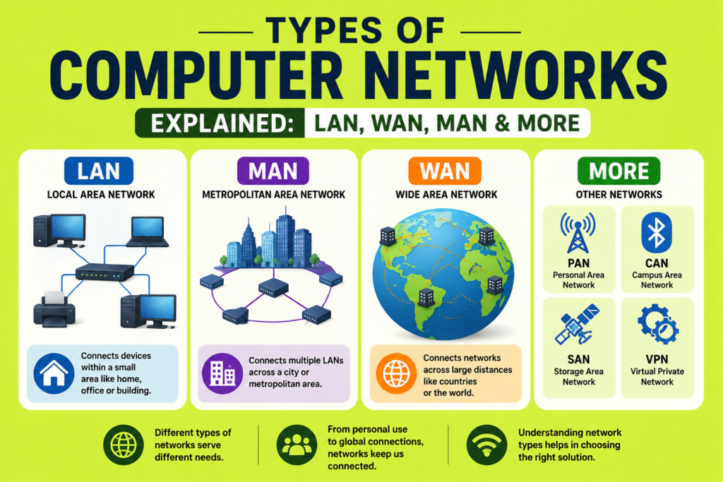 Types of Computer Networks Explained: LAN, WAN, MAN & More Types of computer networks illustrated with LAN, MAN, WAN, PAN, and other network concepts using connected computers, routers, office buildings, a globe, wireless signals, and network icons on a lime green background, showing how different network types connect devices across various distances.