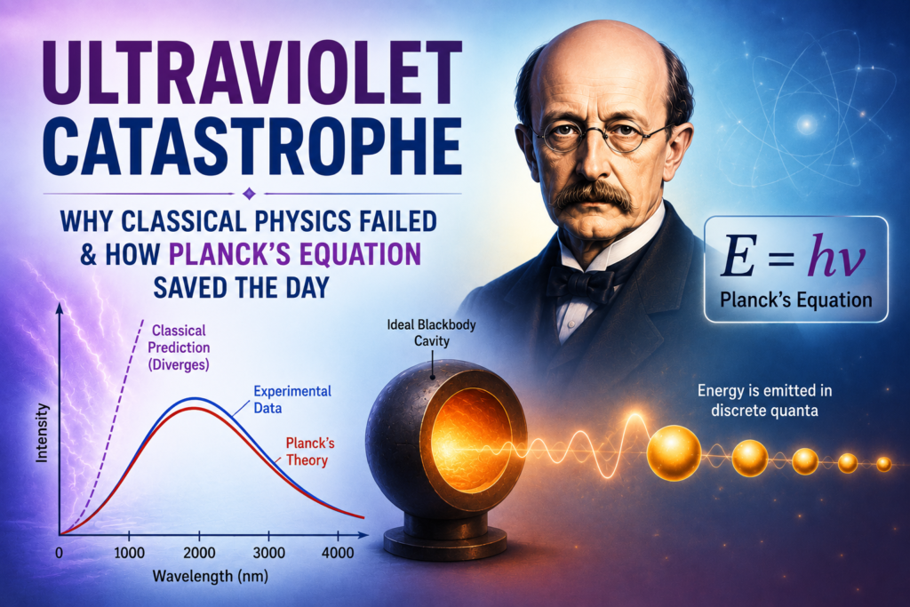 Ultraviolet Catastrophe: Why Classical Physics Failed & How Planck's Equation Saved the Day Ultraviolet catastrophe illustration featuring Max Planck, glowing blackbody radiation, ultraviolet light waves, Planck’s equation, radiation intensity graph, and a vibrant blue-to-purple gradient background representing the failure of classical physics and the birth of quantum theory.
