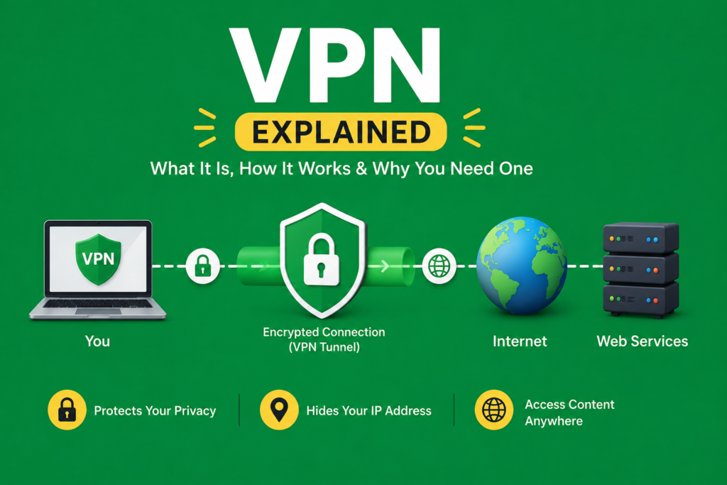 VPN explained illustrated with a laptop connected through an encrypted VPN tunnel to the internet and web servers, featuring a shield, padlock, and globe to show secure, private internet browsing and protected data transmission on a green background.
