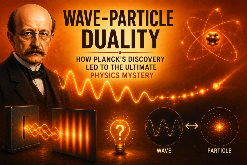 Wave particle duality illustration featuring Max Planck, glowing light waves transforming into particles, a double-slit experiment, atomic model, and a vibrant orange scientific background representing the dual nature of light and matter in quantum physics.
