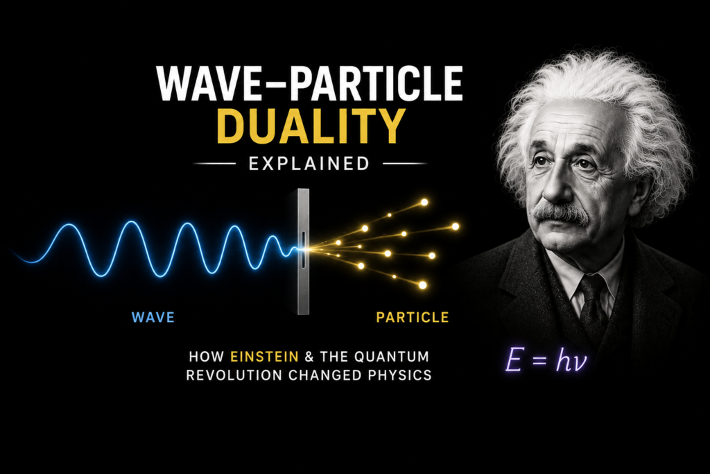 Wave particle duality explained illustrated with Albert Einstein, a glowing light wave transforming into particles, quantum symbols, photons, and the equation E = hν, representing the dual nature of light that helped shape the quantum revolution on a black background.