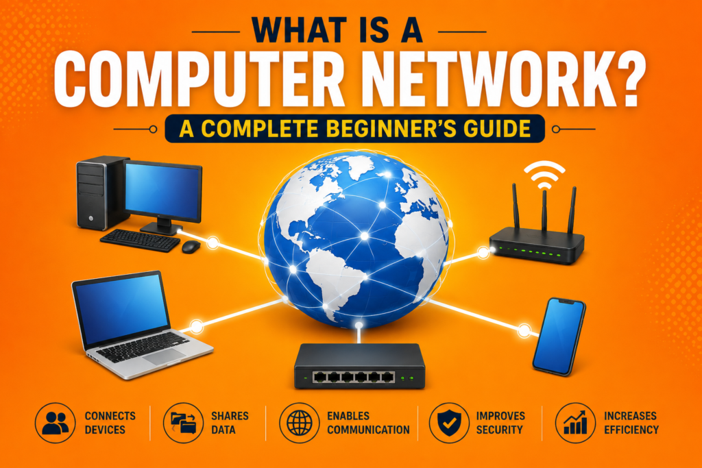 What is a computer network illustrated with a central globe connecting a desktop computer, laptop, smartphone, router, and network switch, showing how devices communicate and share data over a modern digital network on an orange background.