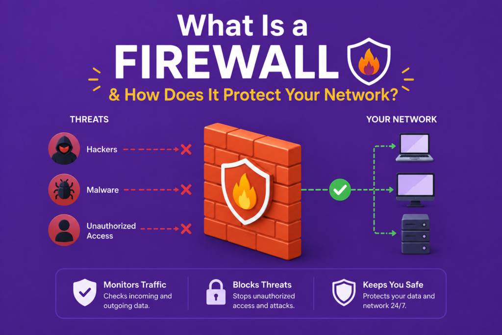 What is a firewall illustrated with a digital firewall shield blocking hackers, malware, and unauthorized access while allowing safe data to reach computers and servers, showing how a firewall protects a network on a purple background.