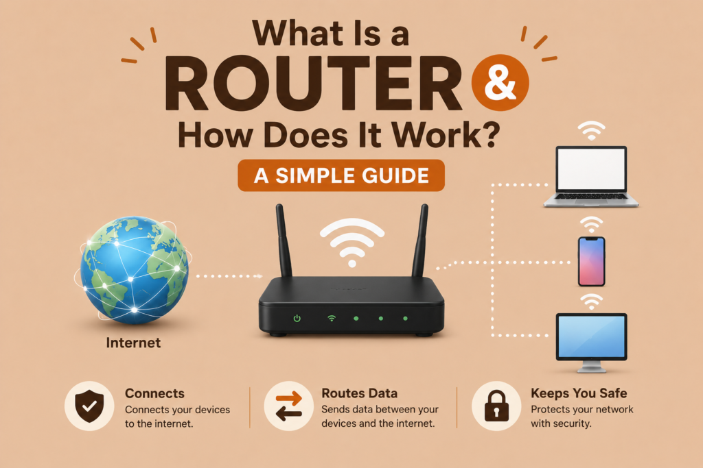 What is a router illustrated with a Wi-Fi router connecting the internet to a laptop, smartphone, and desktop computer, showing how a router directs data and enables multiple devices to access the internet on a light brown background.