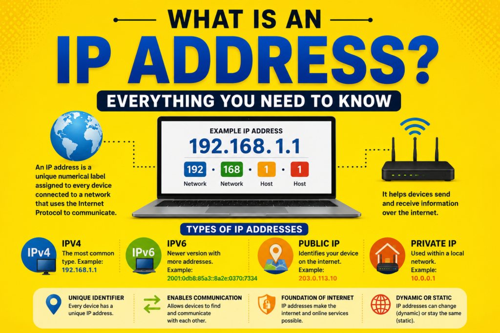 What is an IP address illustrated with a laptop displaying an example IP address, a Wi-Fi router, connected globe, and network communication icons, showing how devices are identified and communicate across the internet on a bright yellow background.