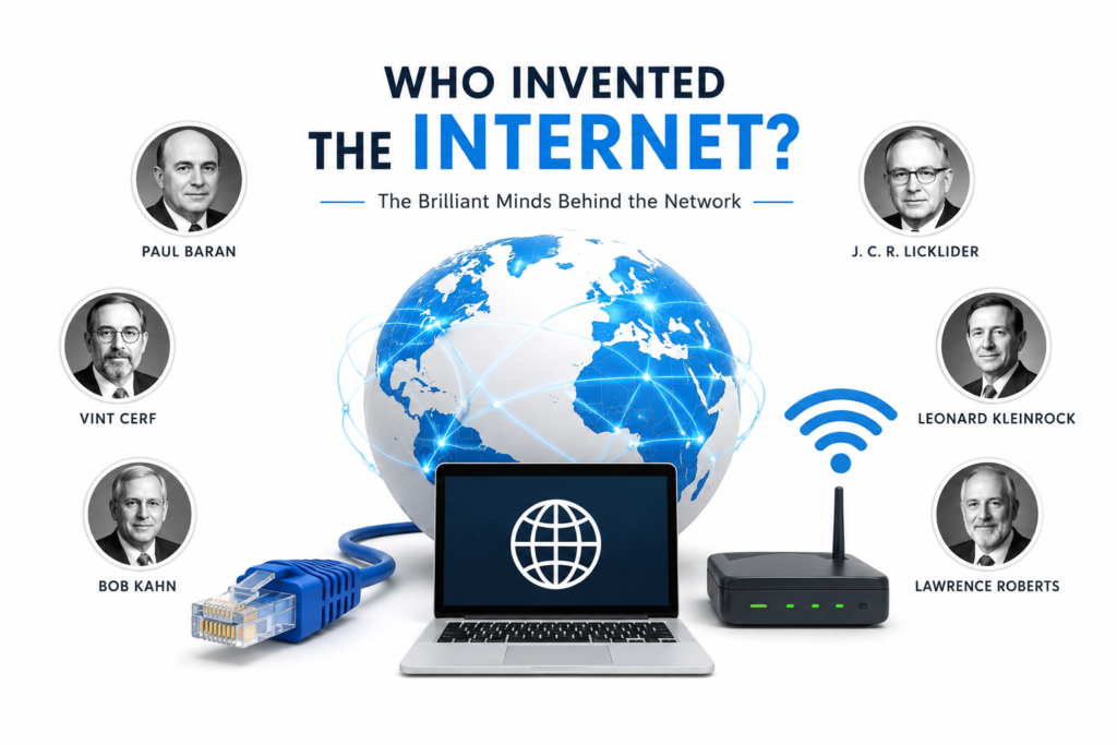 Who Invented the Internet? The Brilliant Minds Behind the Network Who Invented the Internet illustrated with a connected digital globe, network nodes, router, Ethernet cable, laptop, and portraits of pioneering internet scientists on a clean white background, representing the origins and development of the global internet network.