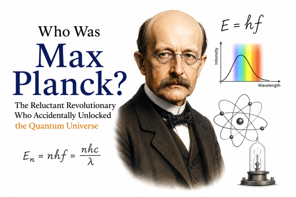 Who Was Max Planck illustration showing physicist Max Planck with quantum equations, atomic model, blackbody radiation graph, and light spectrum on a clean white background, representing the birth of quantum theory and the beginning of the quantum universe.
