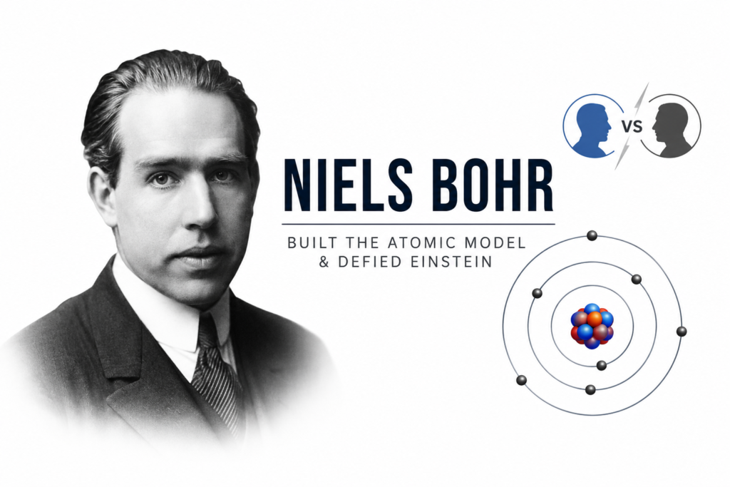 Who Was Niels Bohr? The Danish Physicist Who Built the Atomic Model & Defied Einstein Who was Niels Bohr illustrated with a portrait of Niels Bohr, a stylized atom with electron orbits, and subtle quantum physics elements, highlighting his pioneering atomic model and major contributions to quantum theory on a clean white background.