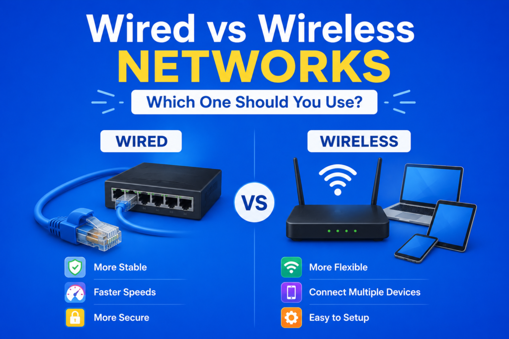 Wired vs Wireless Networks: Which One Should You Use? Wired vs wireless networks illustrated with an Ethernet cable and network switch on one side and a Wi-Fi router connecting a laptop, tablet, and smartphone on the other, comparing wired and wireless networking on a blue background.